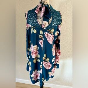 Floral Blue Women's Smock Cold Shoulder Long Sleeve Dress